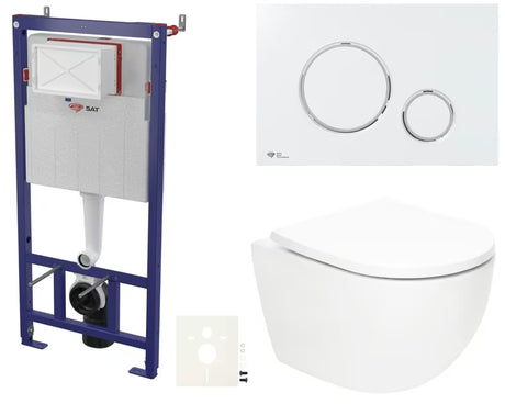 Viseći WC set SAT Fusion s vrtložnim ispiranjem, modulom, vodokotlićem, bijelom tipkom i sjedalom