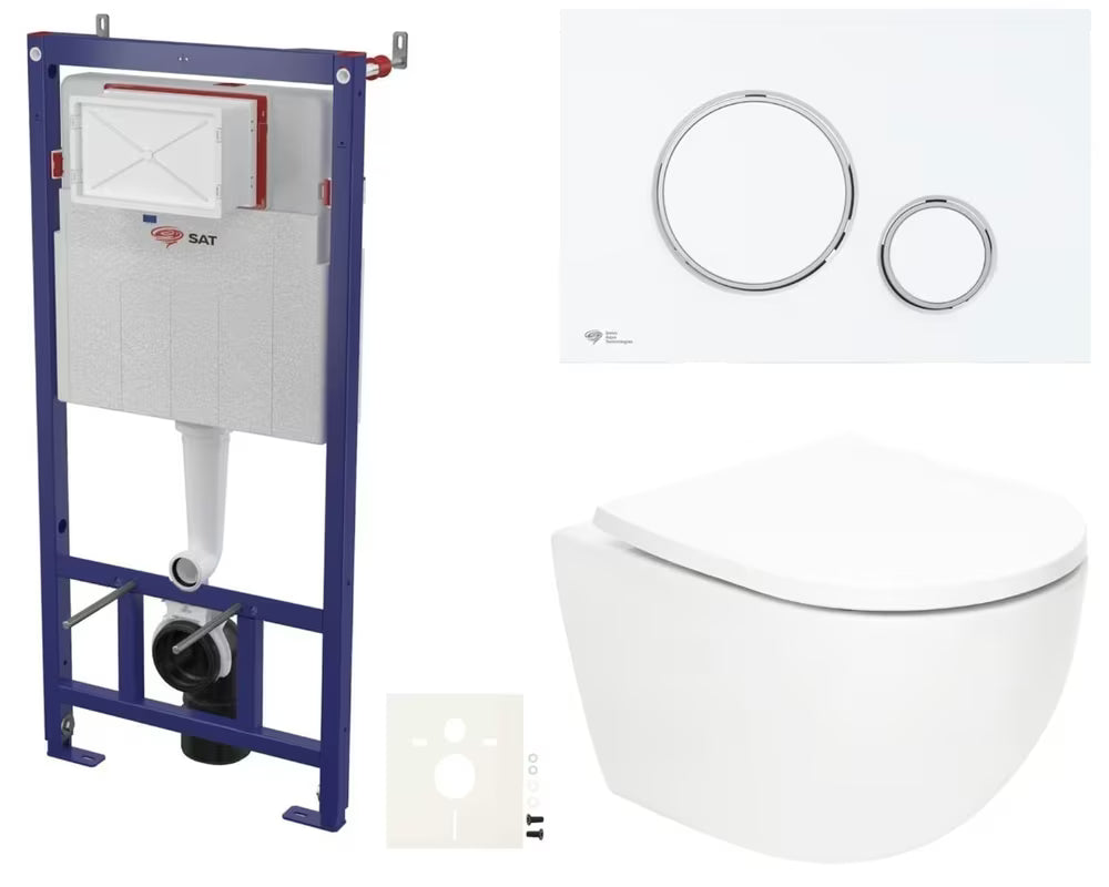 Viseći WC set SAT Fusion s vrtložnim ispiranjem, vodokotlićem, aktivacijskom tipkom bijela mat i sjedalom