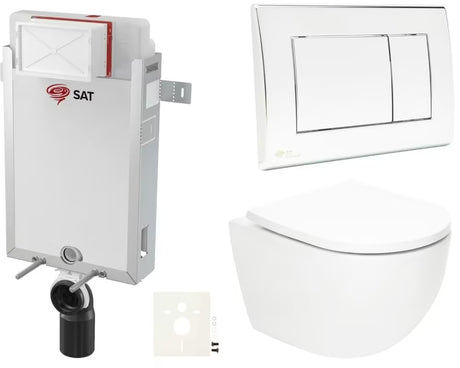 Viseći WC set SAT Fusion s ugradbenim modulom, WC školjke vodokotlićem, upravljačkom tipkom u sjajnom kromu i sjedalom od duroplasta.