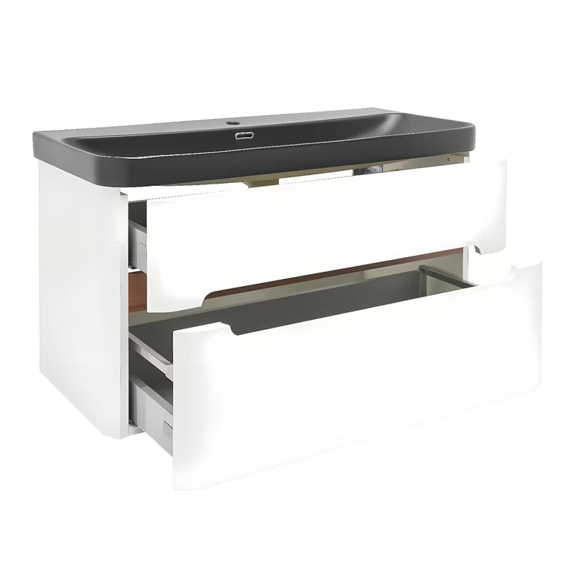 Viseća kupaonski ormarić SAT Fusion u mat bijeloj s keramičkim umivaonikom u mat crnoj