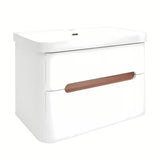 Viseća ormarić s umivaonikom SAT Fusion u mat bijeloj boji s obrubom u dekoru oraha i sjajnim bijelim umivaonikom