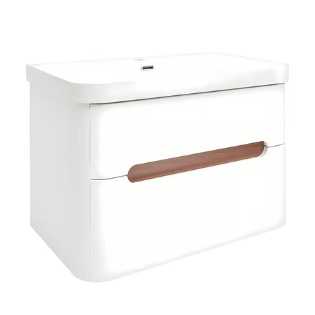 Viseća ormarić s umivaonikom SAT Fusion u mat bijeloj boji s obrubom u dekoru oraha i sjajnim bijelim umivaonikom