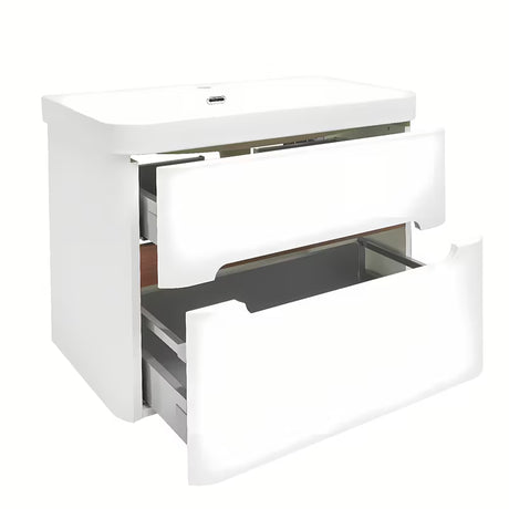 Viseća ormarić s umivaonikom SAT Fusion u mat bijeloj boji s obrubom u dekoru oraha i sjajnim bijelim umivaonikom