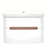 Viseća ormarić s umivaonikom SAT Fusion u mat bijeloj boji s obrubom u dekoru oraha i sjajnim bijelim umivaonikom