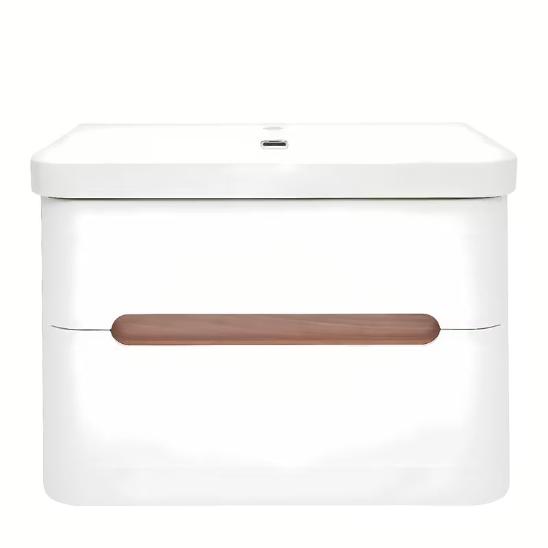 Viseća ormarić s umivaonikom SAT Fusion u mat bijeloj boji s obrubom u dekoru oraha i sjajnim bijelim umivaonikom