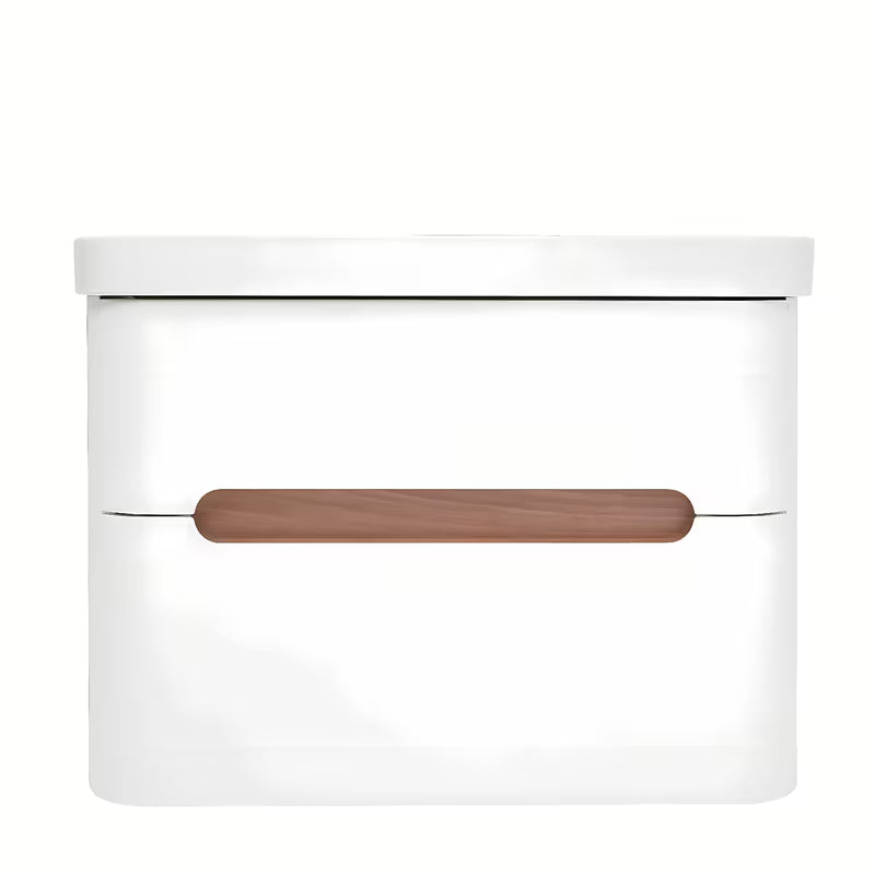 Viseća ormarić s umivaonikom SAT Fusion u mat bijeloj boji s obrubom u dekoru oraha i sjajnim bijelim umivaonikom