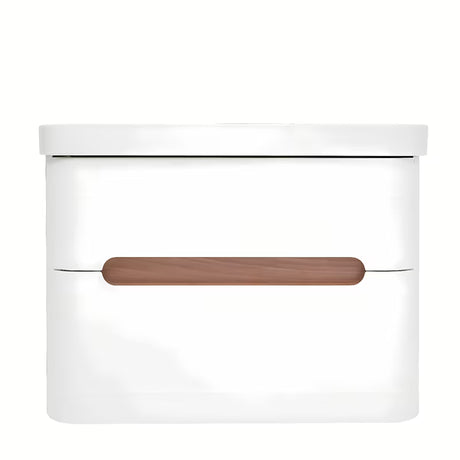 Viseća ormarić s umivaonikom SAT Fusion u mat bijeloj boji s obrubom u dekoru oraha i sjajnim bijelim umivaonikom