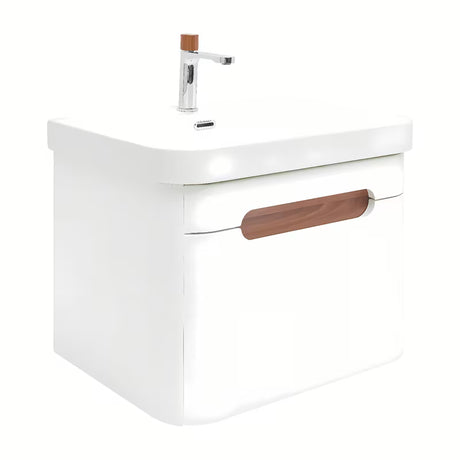 Viseća kupaonski ormarić SAT Fusion s keramičkim umivaonikom u mat bijeloj boji s utičnicom.