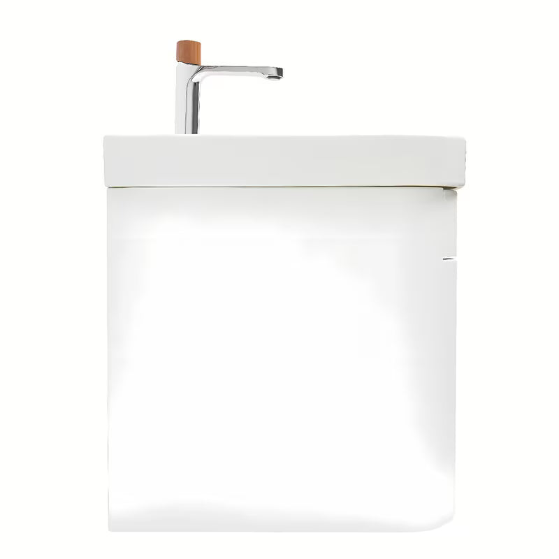 Viseća kupaonski ormarić SAT Fusion s keramičkim umivaonikom u mat bijeloj boji s utičnicom.