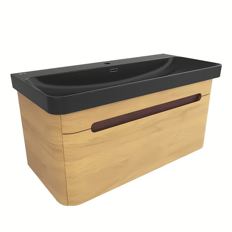 Viseća ormarić s keramičkim umivaonikom SAT Fusion u dekoru medni hrast i crnoj mat boji