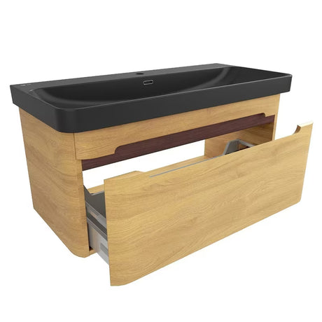 Viseća ormarić s keramičkim umivaonikom SAT Fusion u dekoru medni hrast i crnoj mat boji