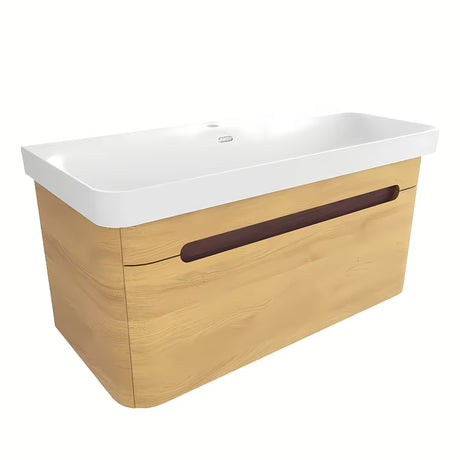 Viseća kupaonski ormarić SAT Fusion s umivaonikom u bijeloj mat boji, dekor medni hrast