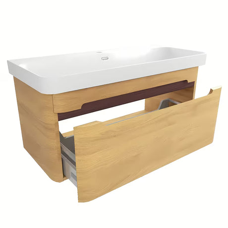 Viseća kupaonski ormarić SAT Fusion s umivaonikom u bijeloj mat boji, dekor medni hrast