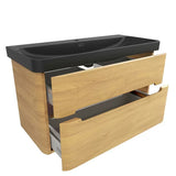 Viseća kupaonski ormarić SAT Fusion u dekoru medni hrast s crnim mat umivaonikom