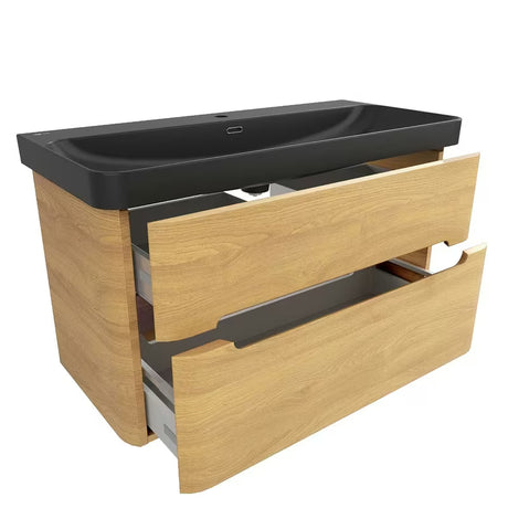 Viseća kupaonski ormarić SAT Fusion u dekoru medni hrast s crnim mat umivaonikom