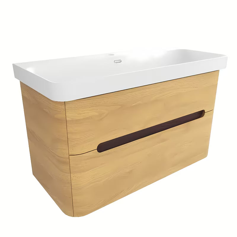 Viseća kupaonski ormarić SAT Fusion s mat bijelim umivaonikom u dekoru medni hrast