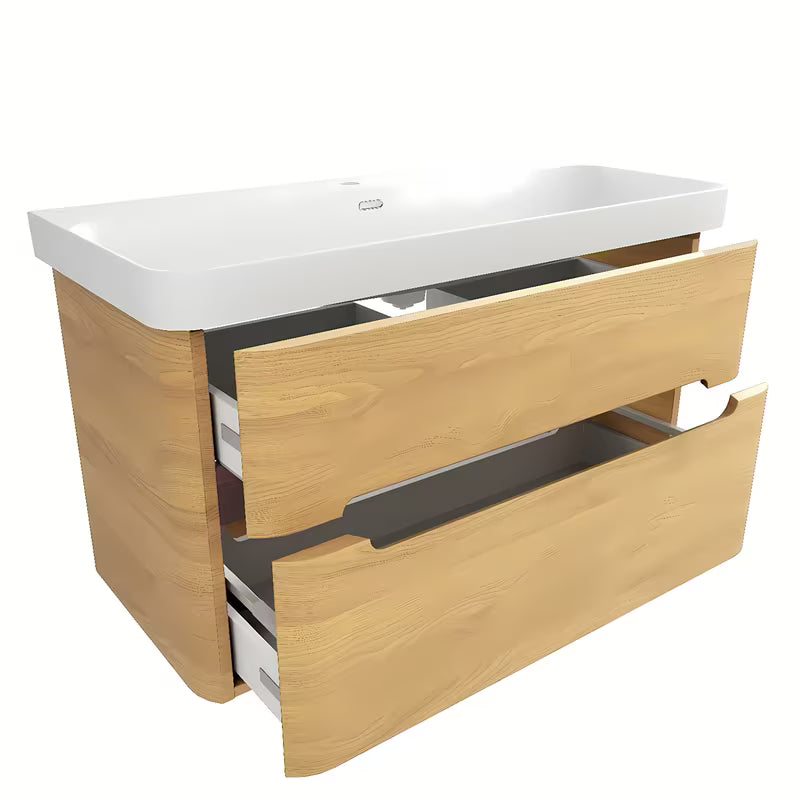 Viseća kupaonski ormarić SAT Fusion s bijelim mat umivaonikom u dekoru medni hrast