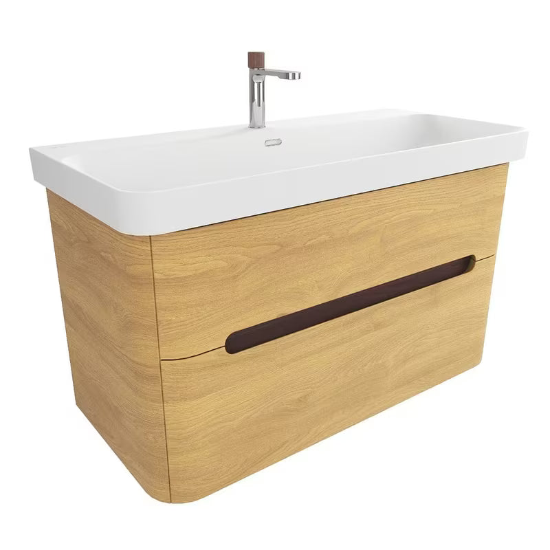 Viseća kupaonski ormarić SAT Fusion s keramičkim umivaonikom u mat bijeloj boji, u dekoru medni hrast.