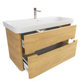 Viseća kupaonski ormarić SAT Fusion s keramičkim umivaonikom u mat bijeloj boji, u dekoru medni hrast.