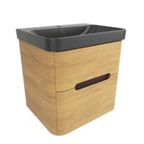 Viseća kupaonski ormarić SAT Fusion s umivaonikom u dekoru medni hrast i mat crnoj izvedbi