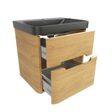 Viseća kupaonski ormarić SAT Fusion s umivaonikom u dekoru medni hrast i mat crnoj izvedbi