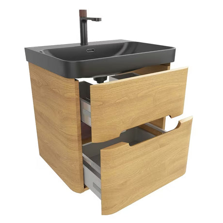 Viseća kupaonski ormarić SAT Fusion s umivaonikom u mat crnoj boji, u dekoru medni hrast