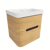 Viseća kupaonski ormarić SAT Fusion u dekoru medni hrast s mat bijelim umivaonikom i dvije ladice.