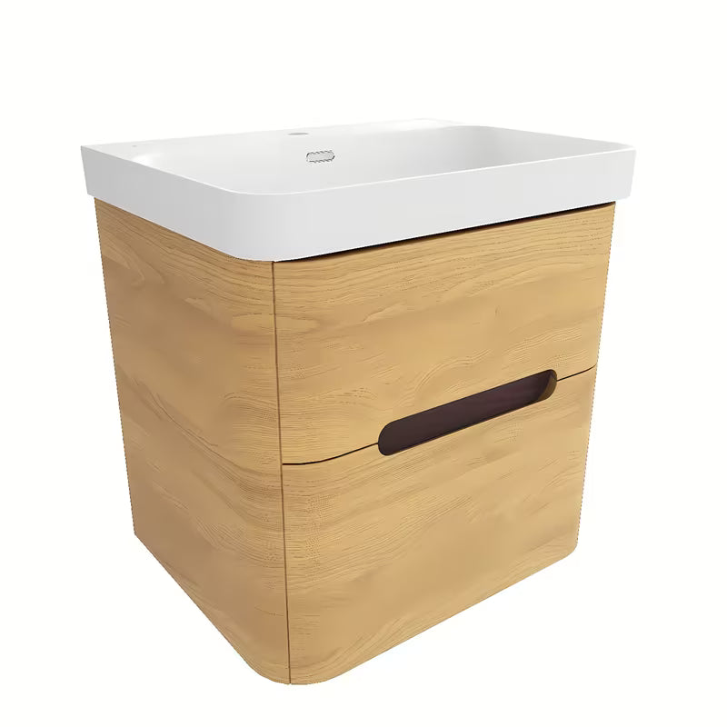 Viseća kupaonski ormarić SAT Fusion u dekoru medni hrast s mat bijelim umivaonikom i dvije ladice.