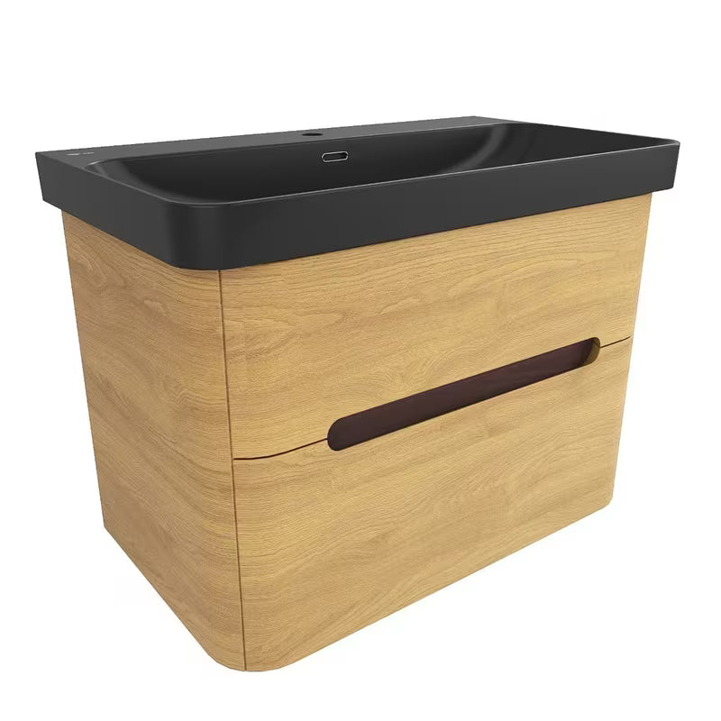 Viseća kupaonski ormarić SAT Fusion s umivaonikom u dekoru medni hrast i mat crnoj izvedbi