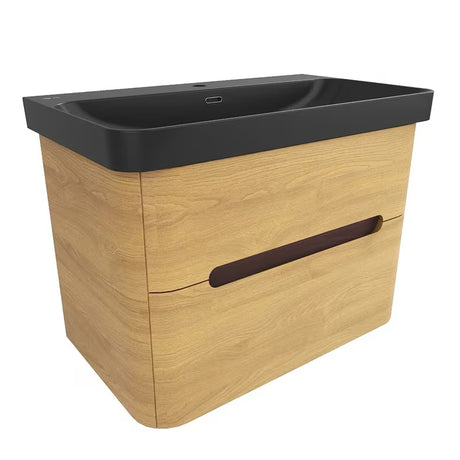 Viseća kupaonski ormarić SAT Fusion s umivaonikom u dekoru medni hrast i mat crnoj izvedbi