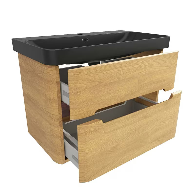 Viseća kupaonski ormarić SAT Fusion s umivaonikom u dekoru medni hrast i mat crnoj izvedbi