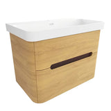 Viseća kupaonski ormarić SAT Fusion u dekoru medni hrast s mat bijelim umivaonikom i dvije ladice.