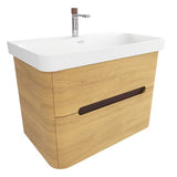 Viseća kupaonski ormarić SAT Fusion s keramičkim umivaonikom u mat bijeloj boji, u dekoru medni hrast.