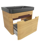 Viseća kupaonski ormarić SAT Fusion s umivaonikom u dekoru medenog hrasta i crnoj mat boji.