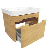 Viseća kupaonski ormarić SAT Fusion s umivaonikom u dekoru medenog hrasta i s bijelom mat površinom.