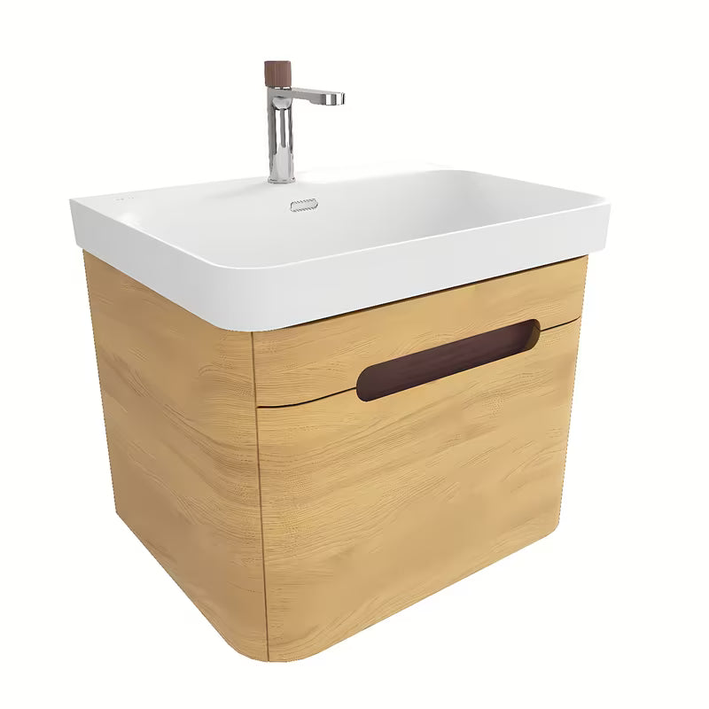 Viseća kupaonski ormarić SAT Fusion s keramičkim umivaonikom u bijeloj mat boji, dekor medenog hrasta