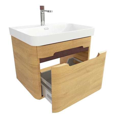 Viseća ormarić s umivaonikom SAT Fusion u dekoru medenog hrasta s bijelim sjajnim umivaonikom