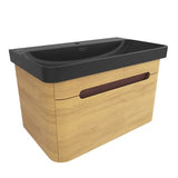 Viseća kupaonski ormarić SAT Fusion u dekoru medenog hrasta s crnim mat umivaonikom