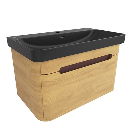 Viseća kupaonski ormarić SAT Fusion u dekoru medenog hrasta s crnim mat umivaonikom