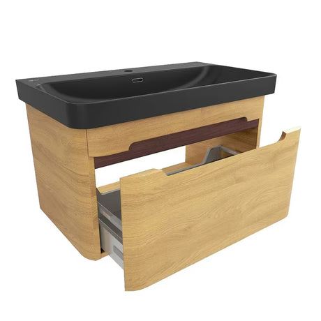 Viseća kupaonski ormarić SAT Fusion u dekoru medenog hrasta s crnim mat umivaonikom