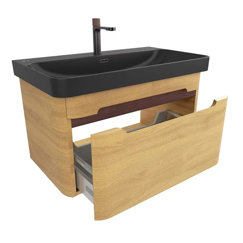 Viseća kupaonski ormarić SAT Fusion s umivaonikom u dekoru medenog hrasta i crnoj mat izvedbi