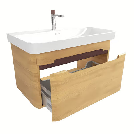 Viseća ormarić s umivaonikom SAT Fusion u dekoru medenog hrasta s bijelim sjajnim umivaonikom