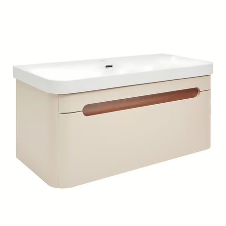 Viseća kupaonski ormarić s umivaonikom SAT Fusion u mat pješčano bež boji sa zaobljenim kutovima