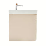 Viseća kupaonski ormarić SAT Fusion s umivaonikom u mat pješčano bež boji i s obrubom od oraha.