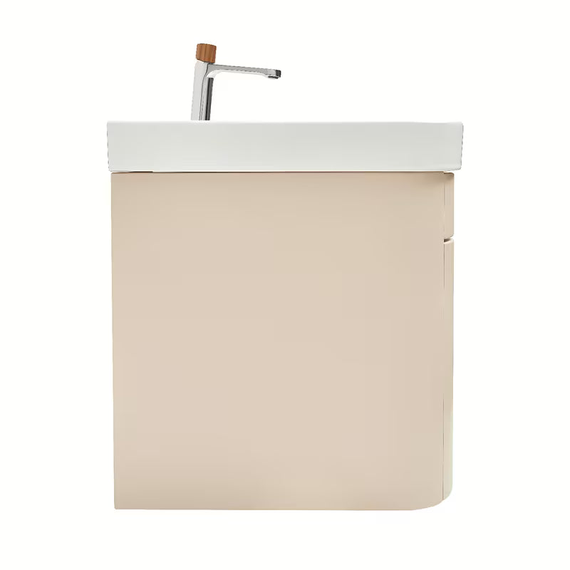 Viseća kupaonski ormarić SAT Fusion s umivaonikom u mat pješčano bež boji i s obrubom od oraha.