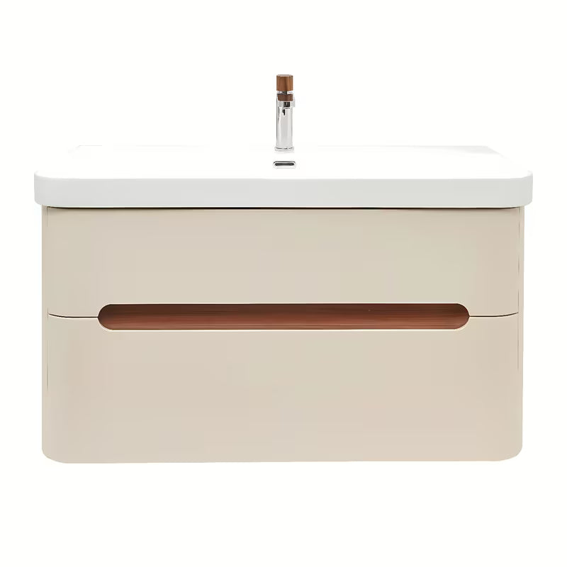 Viseća kupaonski ormarić s umivaonikom SAT Fusion u mat pješčano-bež boji s dvije ladice.