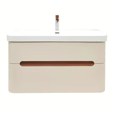 Viseća kupaonski ormarić s umivaonikom SAT Fusion u mat pješčano-bež boji s dvije ladice.