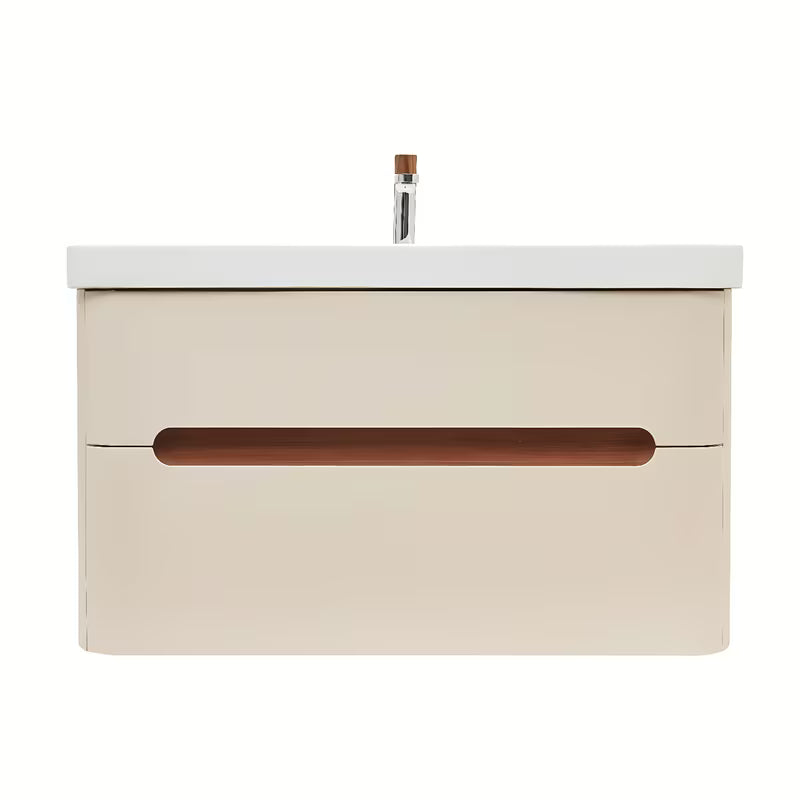 Viseća kupaonski ormarić s umivaonikom SAT Fusion u mat pješčano-bež boji s dvije ladice.