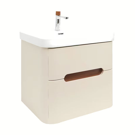 Viseća kupaonski ormarić SAT Fusion s keramičkim umivaonikom u mat pješčano bež boji