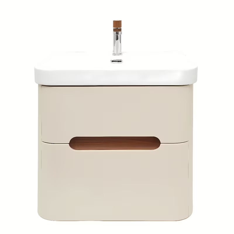 Viseća kupaonski ormarić SAT Fusion s keramičkim umivaonikom u mat pješčano bež boji